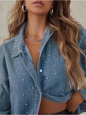 Oversized Blue Denim Pearl-Studded Button-Front Shirt